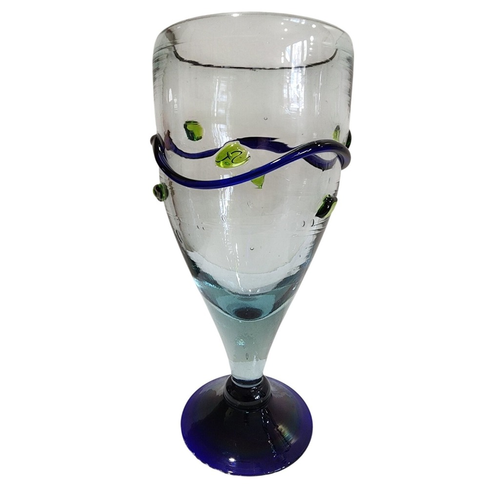 Hand Blown Mexican Art Glass Goblet 8.75" Blue Green Dots Swirl Stemware
